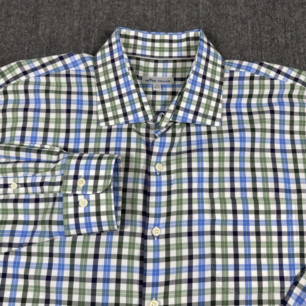 Peter Millar Men XXL Plaid Button Down Shirt 100% Cotton Blue Green Long Sleeve
